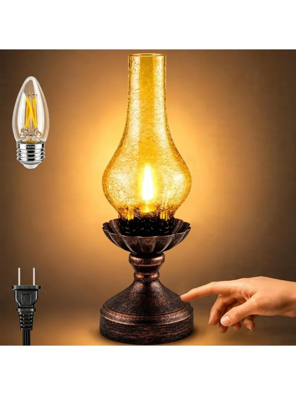 Rustic Vintage Touch Control Table Lamp, 3-Way Dimmable Amber Glass Shade for